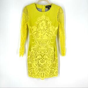 Bariano Australia Yellow Lace Overlay Sheath Dress Women’s Size XS Sheer Sleeves